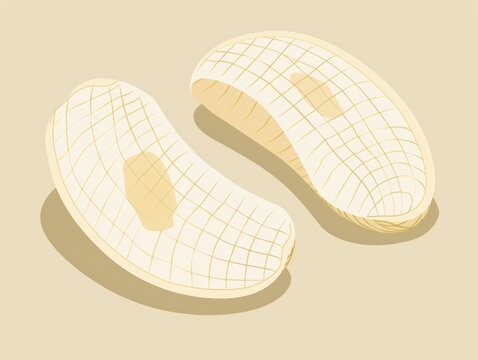Two cream-colored bean-shaped objects with grid patterns on beige background