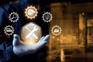 Obraz premium Maintenance concept with engineer holding a tools to inspection or planning of machinery service intervals periods and corrective and preventive maintenance