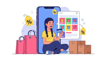 Fototapeta premium A young woman happily engaging in online shopping on her smartphone, surrounded by shopping bags, discount tags, and delivery boxes, illustrating modern e-commerce.