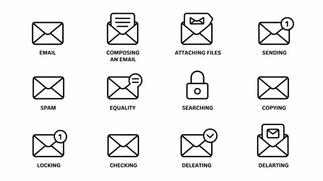 Flat email icons depicting various actions including composing sending and locking on a white background emailing mail messaging correspondence