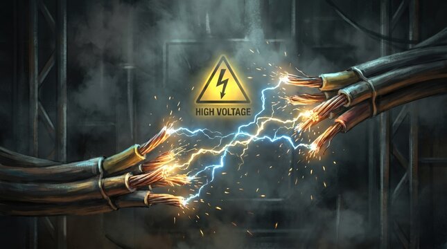 Electricity sparks flying from severed high voltage power cables