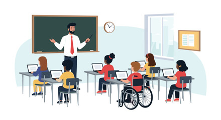 Fototapeta premium Teacher instructing students in a modern classroom using laptops and digital technology for inclusive education.