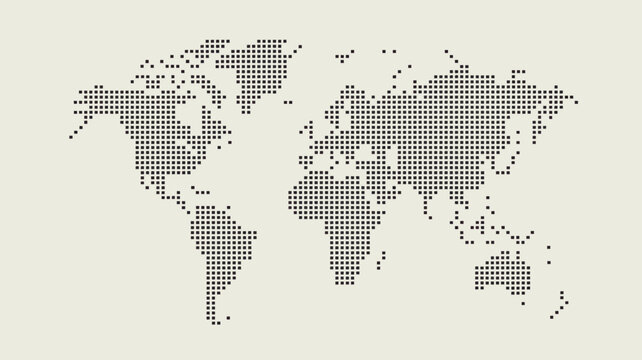 Pixelated world map illustration with continents and oceans depicted in a dotted monochrome style pixel art black and white geography cartography
