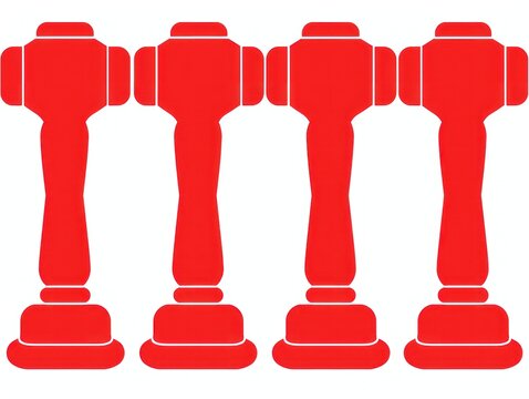 Five red torch-shaped objects arranged in a row on a white background