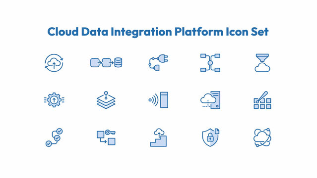 Cloud data integration platform icon set a collection of flat blue line icons on white computing set art design