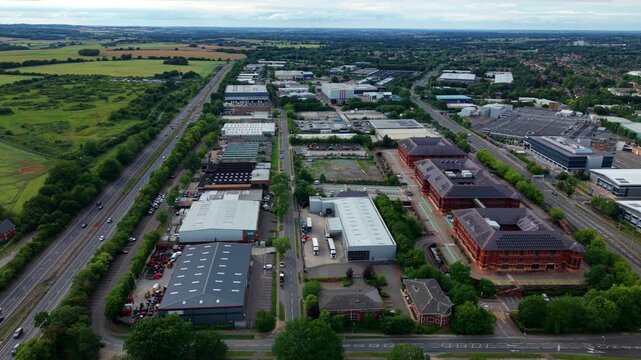 Aerial View of Industrial Estate and Logistics Business Park Beside A1(M) Motorway in Stevenage UK