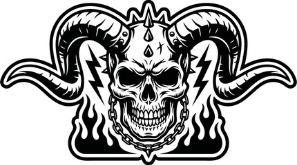 Obraz premium Horned ram skull with chain and flames tattoo style vector illustration
