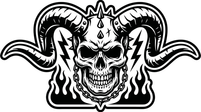 Horned ram skull with chain and flames tattoo style vector illustration