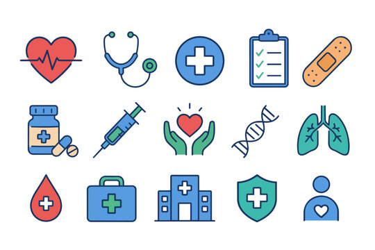Medical icons for doctor visit and healthcare at a hospital, drawn as vector line art for corporate and business presentations 