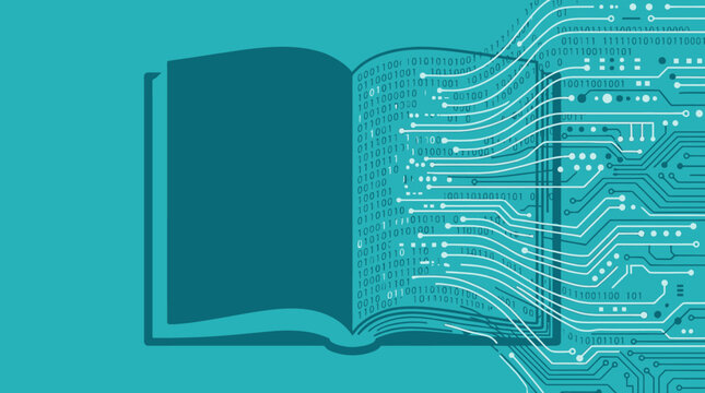 An open book transforming into complex circuit board patterns with flowing binary code data streams on a teal solid background