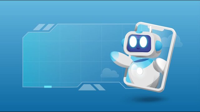 Cute AI Robot Character Waving From Smartphone Screen with Tech HUD Copy Space Background Loop