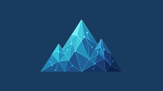 Abstract geometric mountain shape constructed with blue digital nodes and connected lines representing modern data technology and network connectivity concepts
