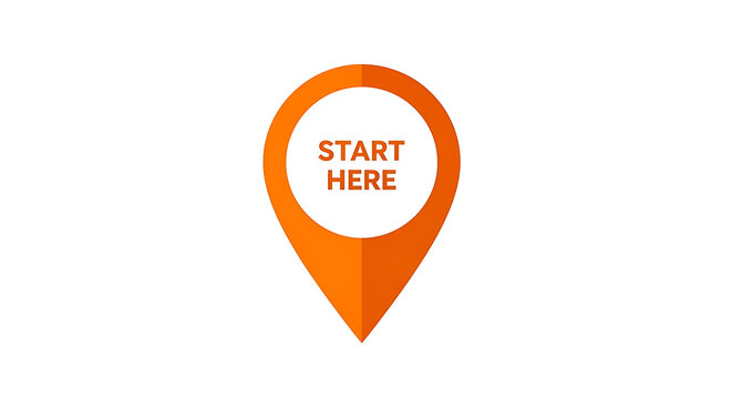 Orange location pin with start here text