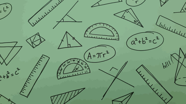 Hand drawn mathematical equations and geometric shapes sketched with black ink on a vibrant light green paper surface background texture