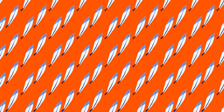 Seamless diagonal pattern of stylized feathers in light and dark blue on a bright orange background. A bold, modern graphic design.