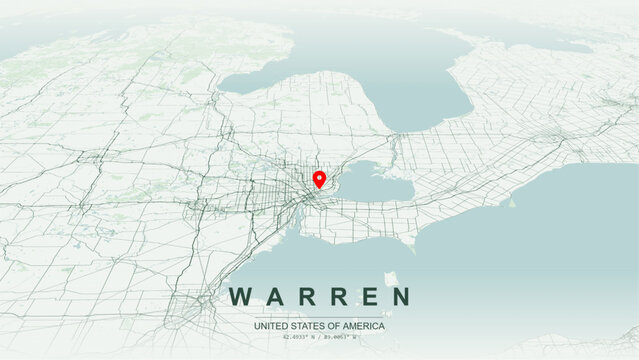 Modern minimalist vector map of Warren, Michigan, USA. High-quality scalable illustration of Warren city grid, Interstate 696 for posters design.