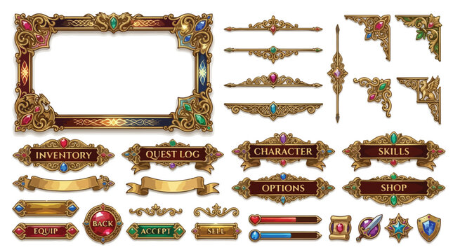 Fantasy RPG game UI kit with ornate gold frames and buttons, medieval user interface set with gemstone decorations, vintage vector game assets