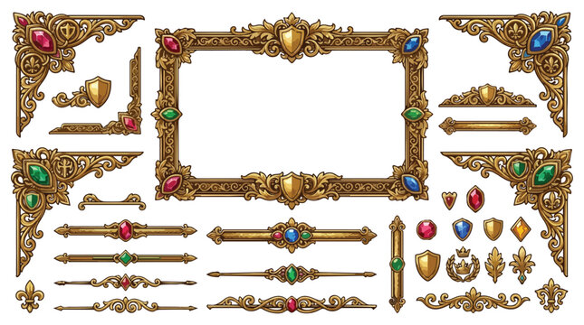 Vintage gold frame and ornate corner elements, luxury baroque floral border set, antique golden filigree decorative ornaments for wedding invitations
