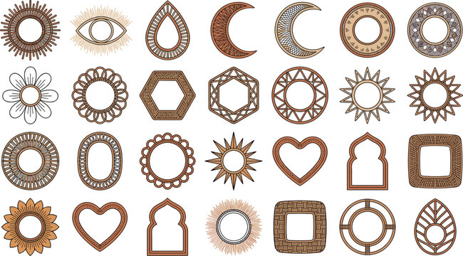 Boho Mystical Frame and Border Icon Set with Hand Drawn Textured Sun, Moon, and Geometric Shapes for Esoteric Branding Designs