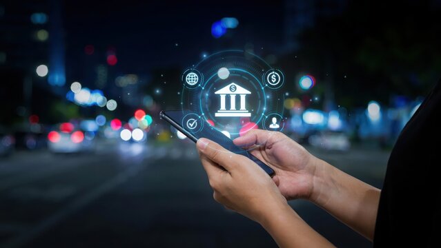 Person using mobile phone for online banking services with digital interface icons