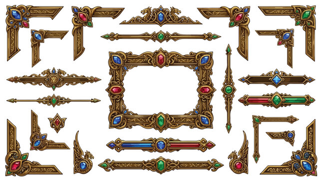 Fantasy RPG UI kit with ornate gold frames and gemstone borders, medieval game interface elements, vintage bronze filigree corners and dividers