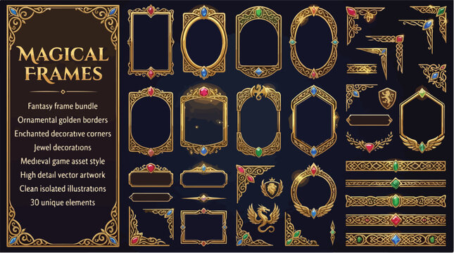 Fantasy RPG game UI kit, ornate golden medieval interface elements with gems, vintage victorian frame and buttons set, royal decorative border vector