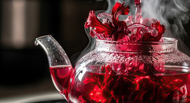 Hibiscus tea brewing in transparent teapot with flowers and steam rising, showcasing vibrant red color and intricate details. Hibiscus tea enhances cozy moments at home,