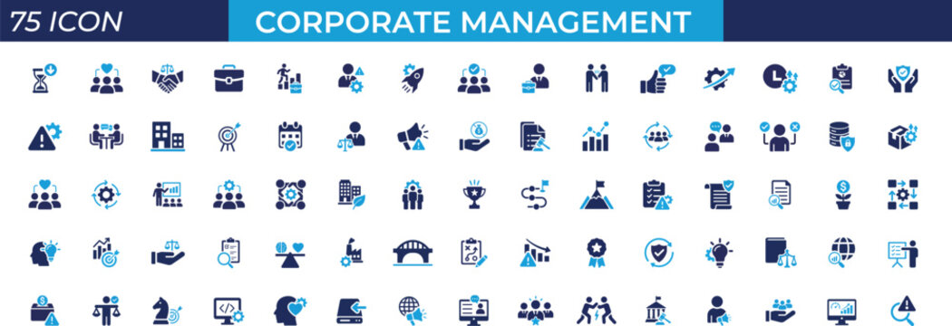Corporate management and business strategy solid icon set featuring leadership, governance, ethics, organization, and growth concepts. Editable vector illustration.
