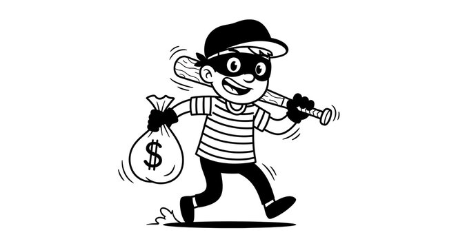 Cartoon thief carrying money bag and pistol