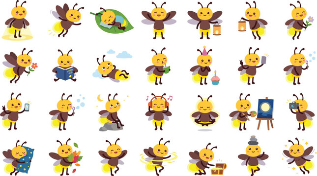 Cute Firefly Cartoon Activity Set Kawaii Glowing Insect Vector Collection