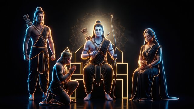Modern Ram Darbar &ndash; Lord Ram Neon Spiritual Art