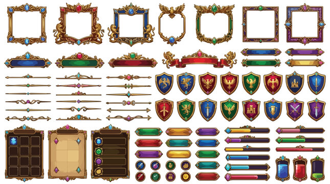 Fantasy RPG game UI kit, medieval gold frames and heraldic shields set, ornate interface buttons and health bars for mobile gaming