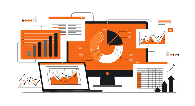 Business data analysis on computer screen in modern orange and white infographic style for finance and statistics