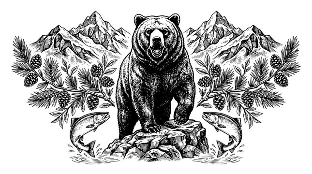 grizzly bear, bear illustration, mountain scene, salmon fish, wildlife engraving, pine tree art, wilderness illustration, black and white bear, nature wildlife, forest animals, hand drawn outline engr
