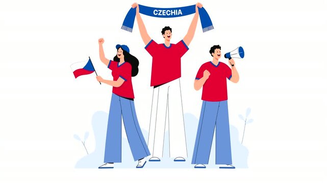 Editorial vector animation of Czechia football supporters celebrating victory with flags, scarves, and cheers. Modern flat character motion graphics for soccer, sports events, and Czech fan culture.