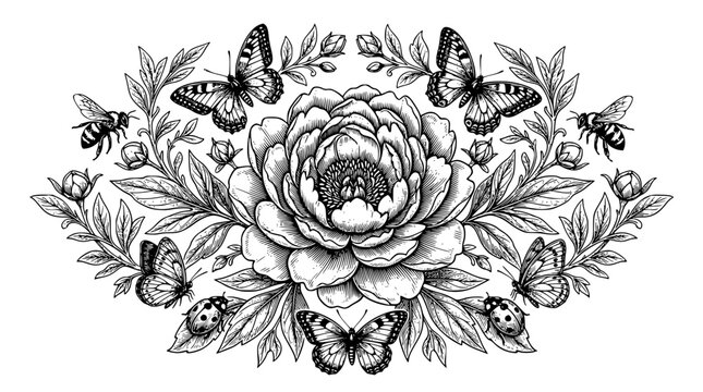 peony flower, butterfly illustration, bee and flower, floral composition, black and white peony, ladybug art, garden flowers, pollinators, detailed floral engraving, nature line art, hand drawn outlin