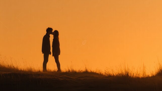 Silhouetted couple embracing against a glowing golden sunset sky. 