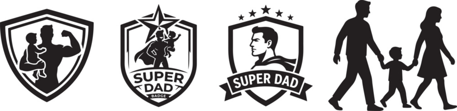 Black silhouettes of family and super dad shield badges  family and parenting concept