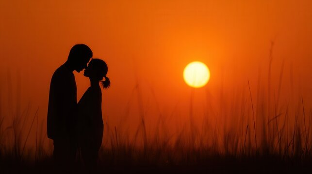 Silhouetted couple embracing against a glowing golden sunset sky. 