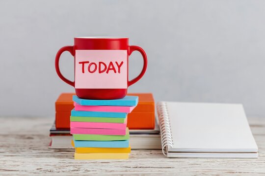 Today red mug on sticky notes with books and notebook at a wooden office work desk