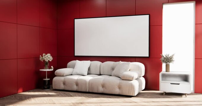 Red Living room with red wall and modern sofa on tiles floor.3D rendering