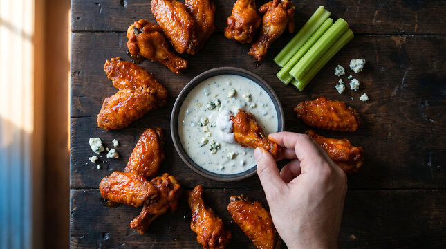 Hand Dipping Buffalo Chicken Wing in Blue Cheese Sauce