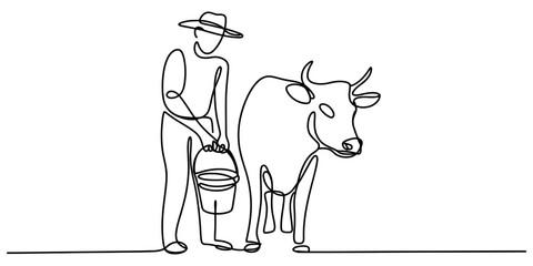 Continuous single line drawing of a farmer holding a milk bucket standing next to a cow on a farm Vector, illustration © ABCD Out Line
