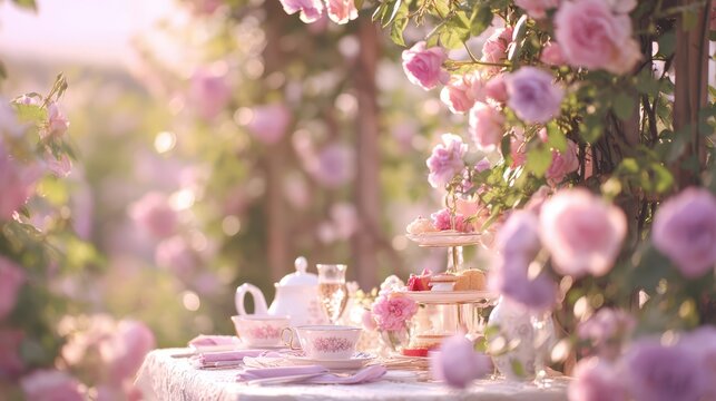Enchanting Rose Garden Tea Party: A delicate tea set, adorned with floral patterns, awaits on a lace-covered table amidst a dreamy garden overflowing with soft pink and lavender roses.