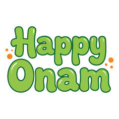Fototapeta premium Happy Onam festive greeting in a bubbly green font with orange accents isolated on transparent background