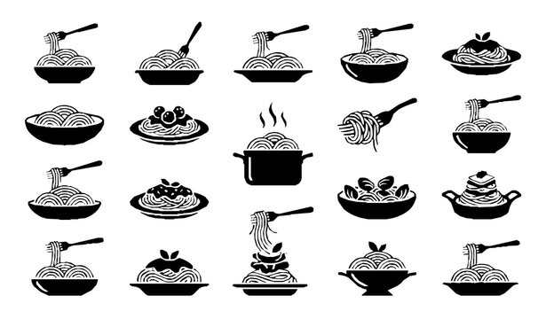 Italian Pasta Dish Silhouette Collection with Spaghetti and Fork Vector Illustration