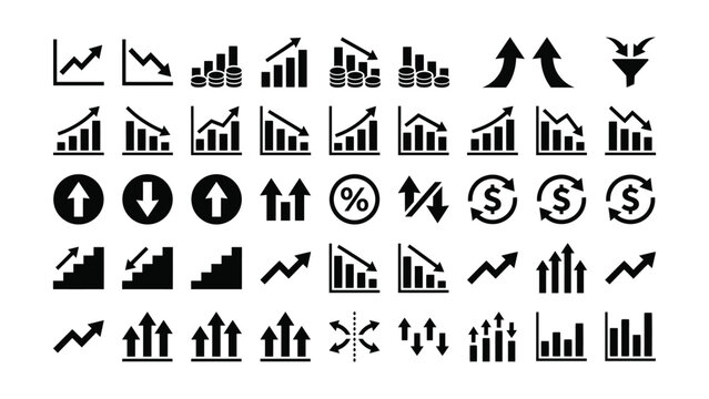 A comprehensive collection of business finance growth and decline chart icons with arrows indicating economic trends and statistical data