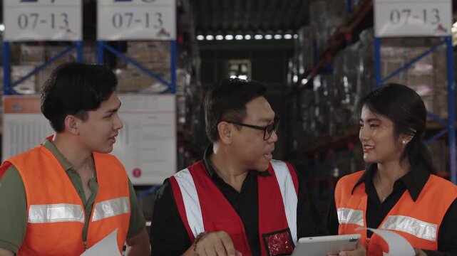 Serious team collaborates reviewing documents and tablet within dark warehouse environment while wearing high-visibility vests for focused inspection of stacked boxes and industrial processes.