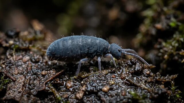 Blue springtail collembola on damp forest soil, soil microfauna macro