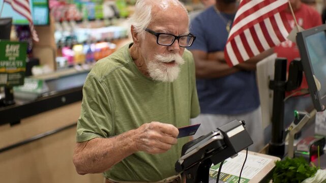 Happy elderly man makes a purchase at the grocery store, using his credit card at the checkout counter while shopping for food.